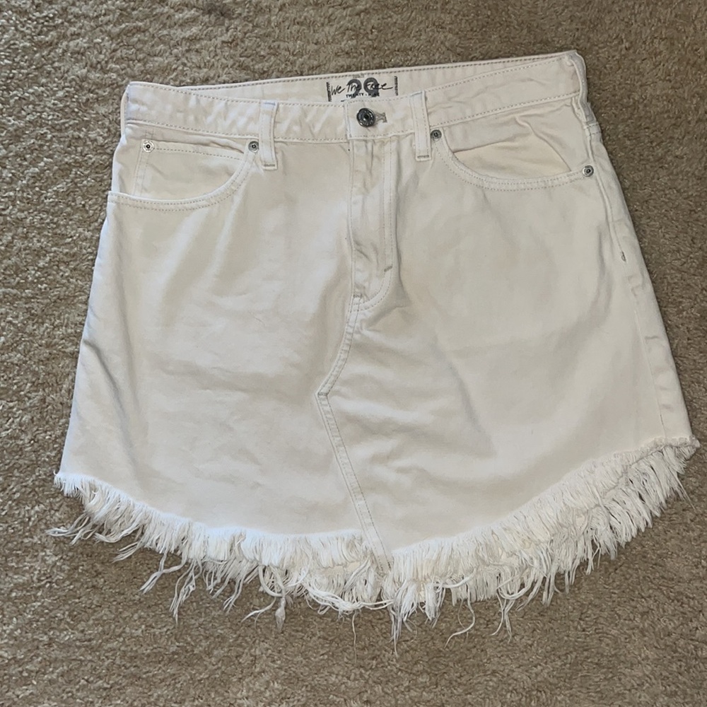 A1-#12 Free People High Waisted Coconut Denim Skirt Asym. Raw Hem Off White - Picture 7 of 15